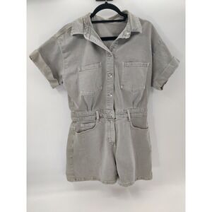ZARA Utility Denim Romper Jumpsuit Short Sleeve Belted Light Green Size L